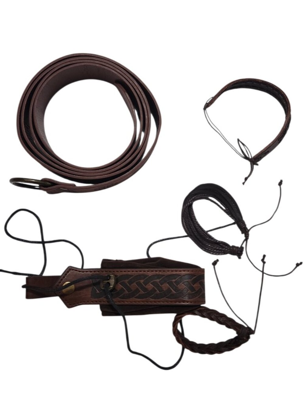 NWOT Belt Bracelet Pouch Set Brown Embroidered Leather Adjustable Matching